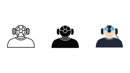 Professional gamer wearing headset icon set representing esports gaming communication and virtual reality experiences © TajuStock