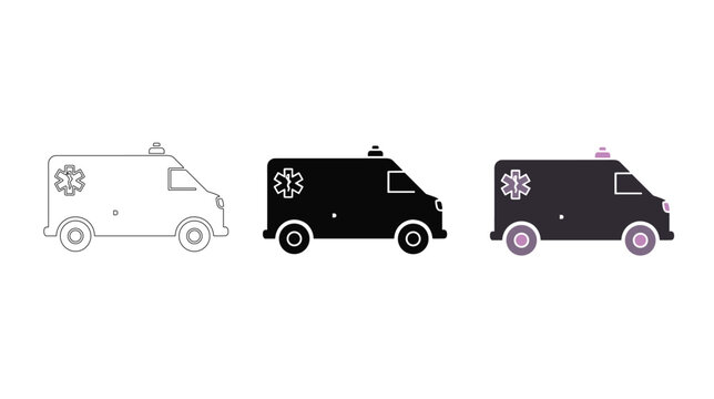 Emergency ambulance vehicle icon set with medical symbol representing healthcare services and urgent patient transport