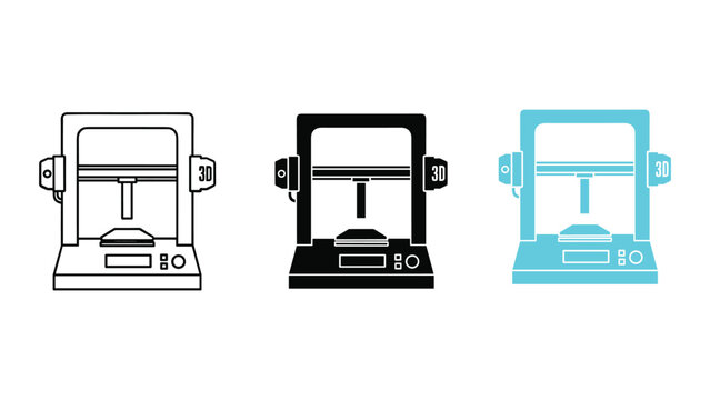Modern 3D printer machine icon collection representing additive manufacturing technology and rapid prototyping innovation