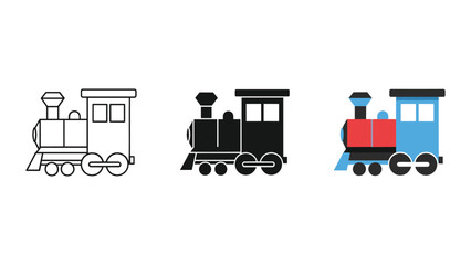 Children's toy steam locomotive train icon set depicting classic rail transportation and playful journey symbols © TajuStock