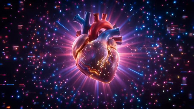 Glowing digital human heart model pulsing with futuristic circuit board patterns and bright light rays
