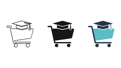 Three styles of shopping cart icon with graduation cap symbol representing academic bookstore and student supplies ecommerce education technology vector illustration design set © TajuStock