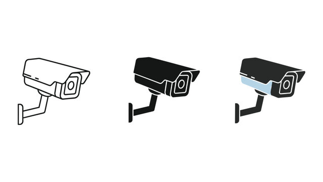 Three styles of CCTV security camera icon representing school campus safety and educational facility surveillance technology vector illustration design set
