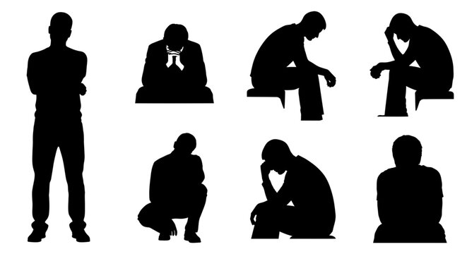 Silhouette of a Man in Various Pensive and Sad Poses