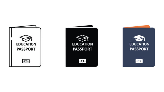 Education passport icon set for student travel and international academic programs in line solid and flat design styles