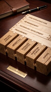Michael Porter's Value Chain Analysis concept visualized with wooden blocks and links on a desk 9: 16