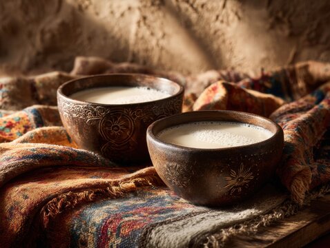 Traditional Kazakh Shubat Fermented Camel Milk Drink Served in Ornamental Bowls