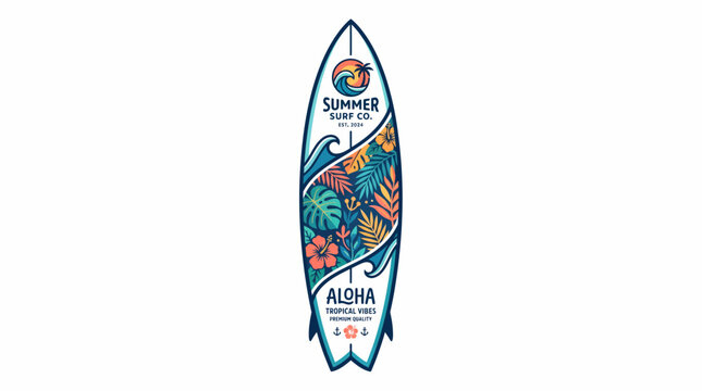 Tropical surfboard graphic with aloha text and floral patterns