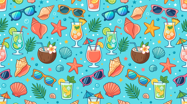 Pixel art summer beach vacation pattern with cocktails and shells
