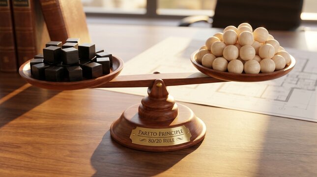 Pareto Principle 80/20 Rule concept on a balanced wooden scale with black cubes and light spheres