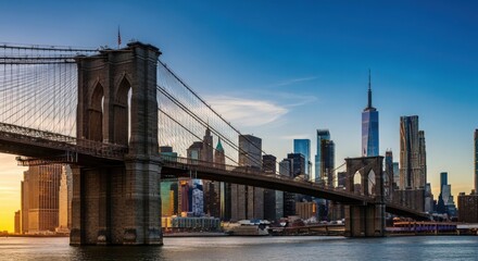 Obraz premium Brooklyn bridge and new york city skyline at sunset