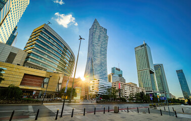 Obraz premium Sunset View Of Skyscrapers In Warsaw'S Central Business District In Poland