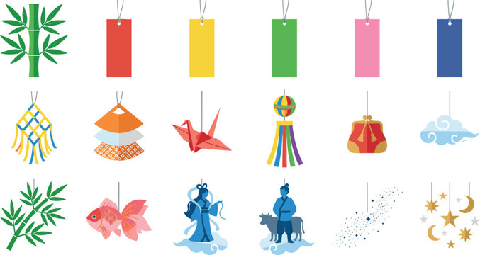 Japanese Festival Decoration Illustration Set with Bamboo Branches, Origami Crane, Lanterns, Hanging Tags, and Traditional Cultural Elements Collection