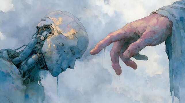 Surreal painting of a robot head and human hand reaching