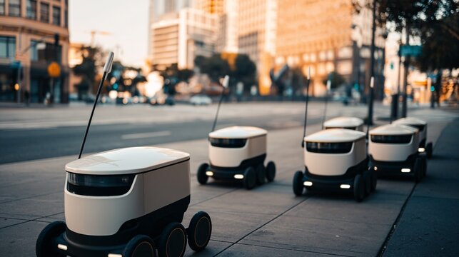 Delivery robots navigating clean city sidewalks urban environment futuristic technology showcase