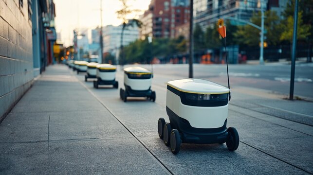 Innovative delivery robots navigating clean city sidewalks urban environment futuristic perspective