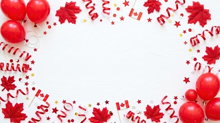 Canada day celebration background with red balloons and maple leaves