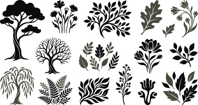Collection of black and dark gray silhouette botanical and trees nature flora
