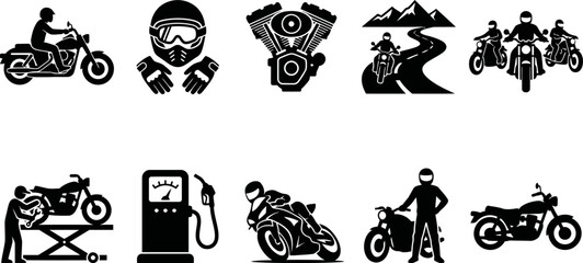 Black motorcycle and rider silhouettes with various motorbike related graphics © SAYEDAJANNATUL