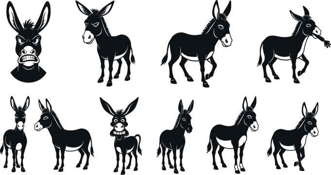 Angry Donkey Silhouette Vector Set with Stubborn Jackass Mascots Funny Grinning Mule Elements and Domestic Farm Animal Characters for Ranch Farming Logos