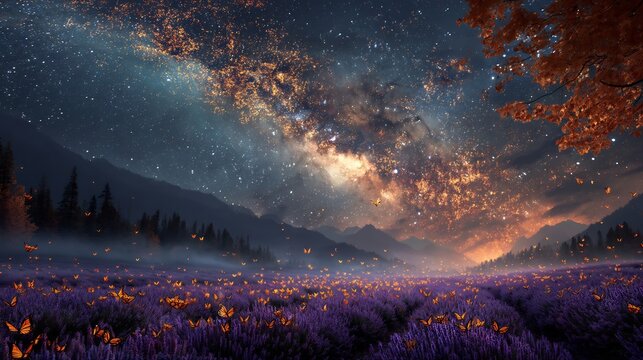 Wide angle digital art of glowing butterflies flying over a purple meadow beneath a galaxy