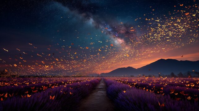 Symbolic digital illustration of a path through purple flowers with butterflies rising to stars