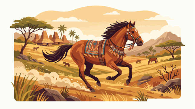 Traditional Sumba horse vector illustration featuring ethnic saddle ornament, tropical dry landscape, and iconic Sumba traditional houses in decorative flat design.
