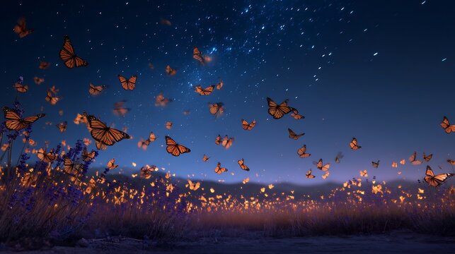 Digital illustration of orange butterflies fluttering over purple flowers under a starry sky