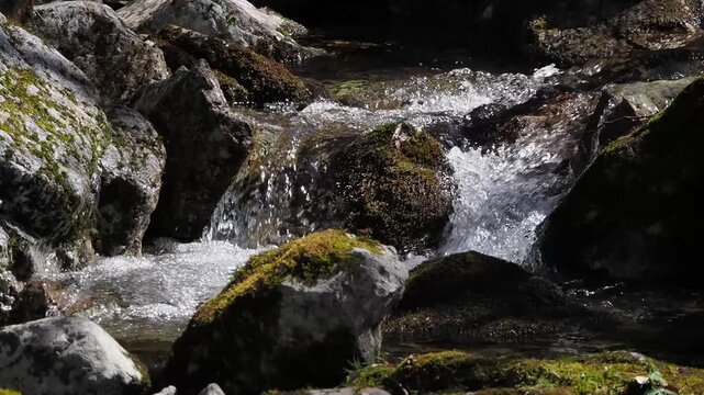 山岳地帯の清流。岩場を流れる川。豊かな水量。水飛沫。泡立ち。苔むした岩。川音。避暑。静寂。自然風景。