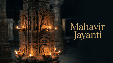 Mahavir Jayanti Ancient Jain Stone Pillar Glowing Oil Lamps Photo, Happy Mahavir Jayanti