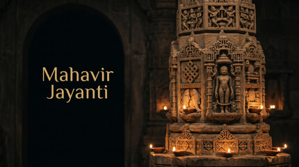Mahavir Jayanti Ancient Jain Stone Pillar Glowing Oil Lamps Photo, Happy Mahavir Jayanti