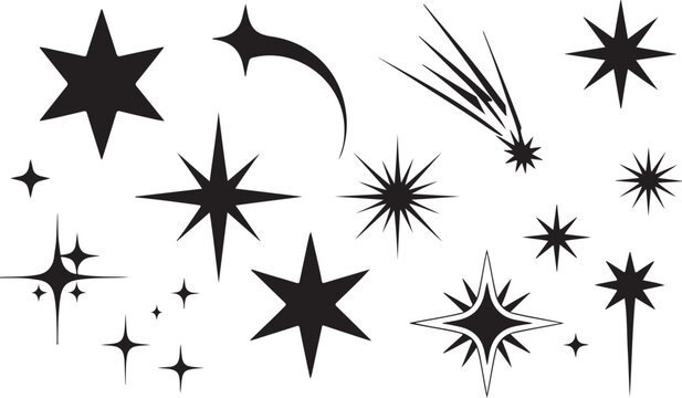 A diverse collection of black outline star and sparkle shapes for various decorative design projects
