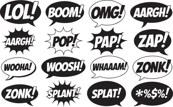 A large collection of black and white comic book style speech and sound effect bubbles