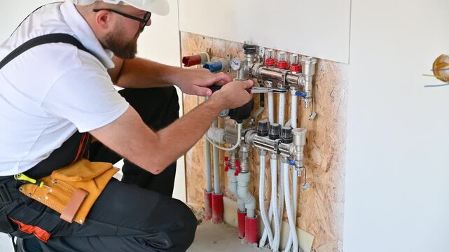 Plumber adjusts manifold system and pipes inside modern house. Technician works on water distribution and heating installation during residential construction