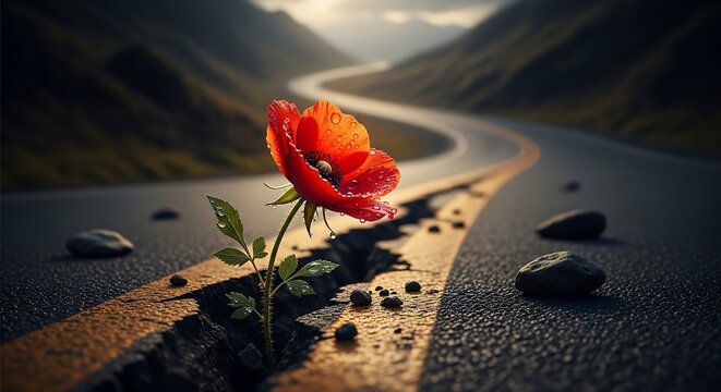 Red Flower on Winding Road
