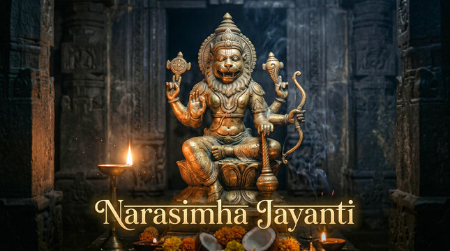 Narasimha Jayanti Brass Idol Moody Temple Dramatic Lighting Photo, Happy Narasimha Jayanti 
