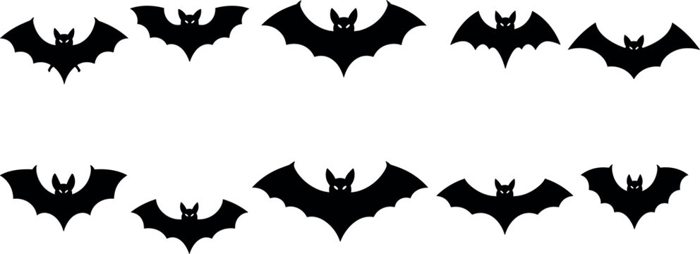 Spooky Black Bat Silhouette Vector Set with Flying Vampire Wings and Spooky Eyes for Halloween Party Decorations and Gothic Holiday Media Designs