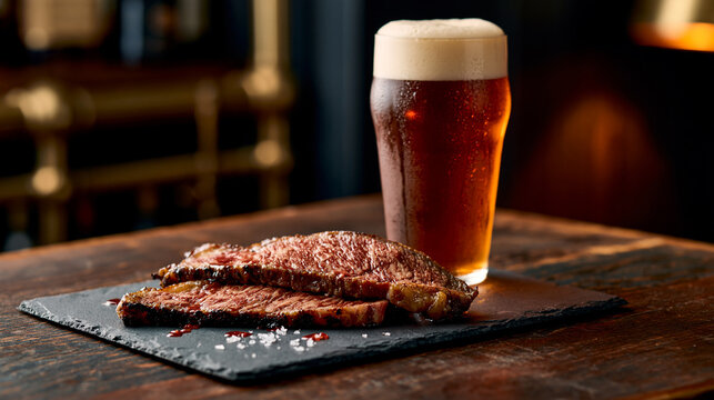 バーのカウンターに置かれたステーキと冷えた黒ビール ｜ ぼかし背景