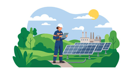 flat vector illustration of engineer inspecting solar energy facility showing industrial innovation and sustainable technology production © Amie