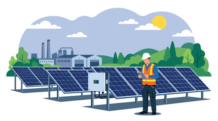 flat vector illustration of engineer inspecting solar energy facility showing industrial innovation and sustainable technology production © Amie