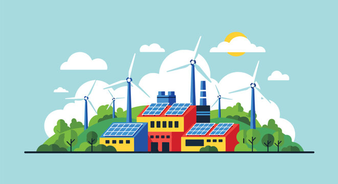 flat vector illustration of renewable energy factory with wind turbines showing sustainable industrial production and clean technology