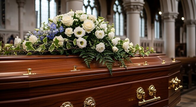 Elegant wooden coffin adorned with beautiful white roses inside a peaceful church