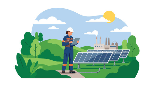 flat vector illustration of engineer inspecting solar energy facility showing industrial innovation and sustainable technology production