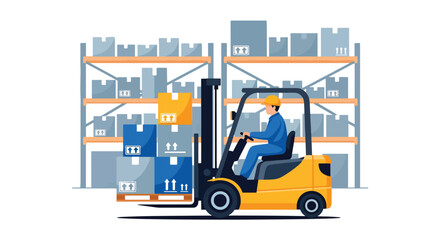 flat vector illustration of logistics workers moving cargo boxes with forklift showing warehouse operations and supply chain workflow © Amie