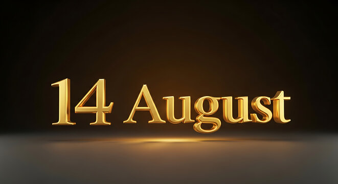 A prominent three dimensional metallic golden rendering of the date 14 August stands majestically as a significant and memorable day highlighted with a luxurious opulent finish