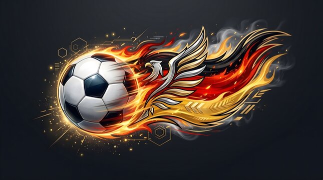 Soccer ball on fire with flying phoenix flames and sparks dynamic sports concept