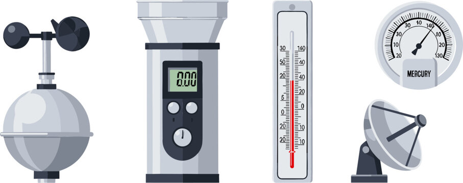 Meteorology and Weather Forecasting Instrument Set with Anemometer, Thermometer, Digital Rain Gauge, Barometer, and Satellite Dish Vector Illustration for Scientific Designs