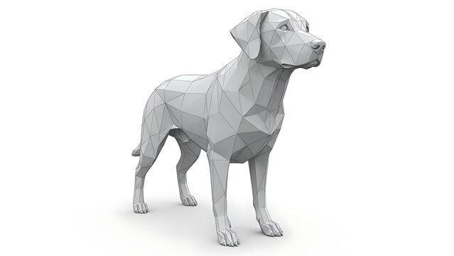 A low poly geometric grey dog model standing on white isolated on a transparent background