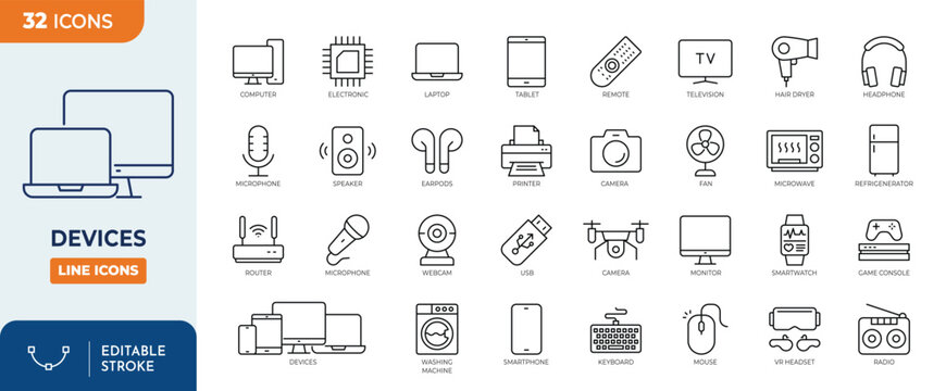 Devices icon set. Containing devices, gadget, electronic, technology, electronic, smartphone, tablet, computer, TV, and more. Editable stroke. Vector illustration