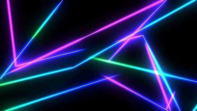 Static shot of colorful neon laser beams crossing on black background in abstract geometric pattern